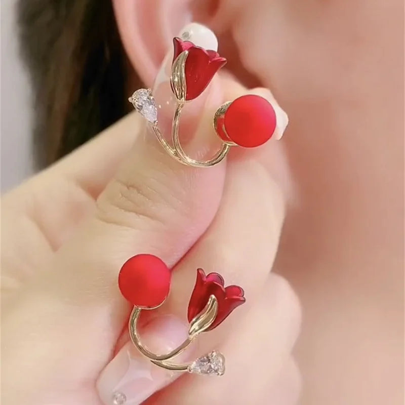 Korean Red Rose Stud Earring