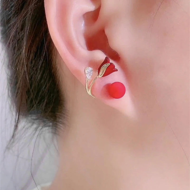 Korean Red Rose Stud Earring