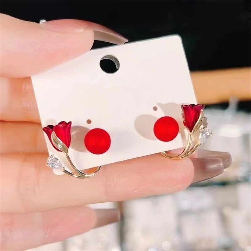 Korean Red Rose Stud Earring