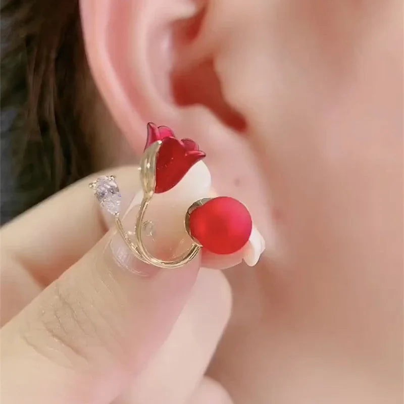 Korean Red Rose Stud Earring